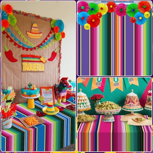 Mexican Fiesta Tablecloths - 3 Pack Disposable Striped Table Covers, 108x54 Inch
