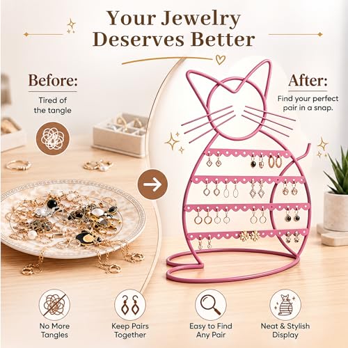 Cat-Shaped Earring Organizer - 48 Hole Jewelry Display for Girls