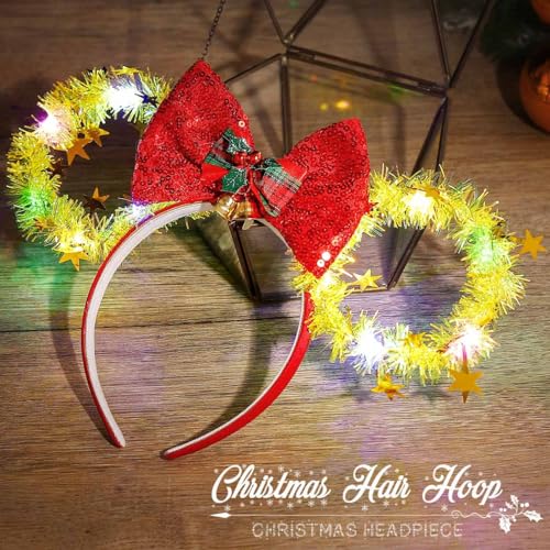 CASDRE Christmas Light Up Mouse Ear Headband with Bow & Bells - Red Gold Xmas Party Hair Accessory (C Red Gold)