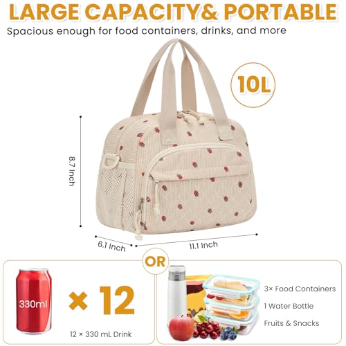 ELONGRIVER Insulated Corduroy Lunch Bag for Women & Teens - 10L Capacity, Cute Design, Portable Tote Cooler