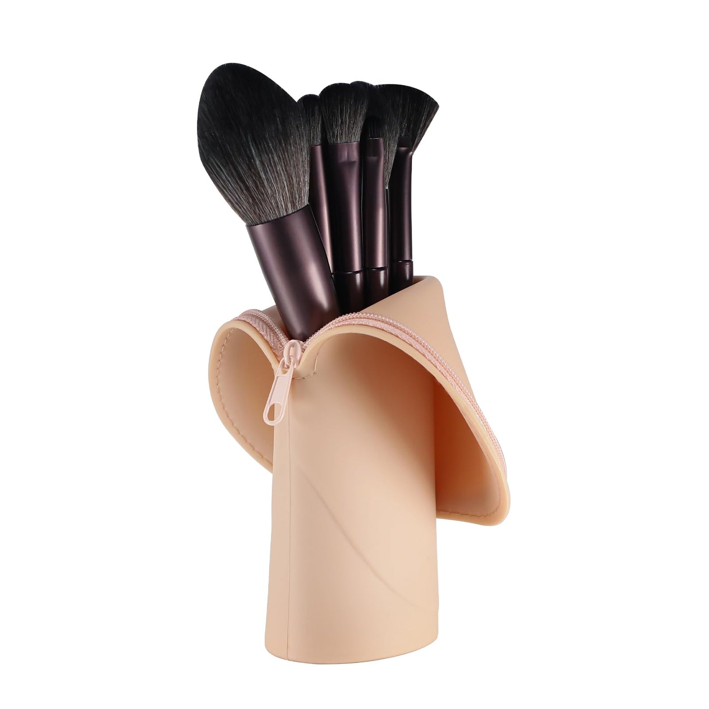 Kososuru Travel Makeup Brush Holder, Silicone Small Makeup Brush Case, Portable Stand-up Makeup Tools Cosmetic Bags for Women,Soft Waterproof Brushes Organizer with Zipper (Khaki)