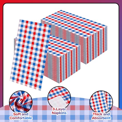 100 Disposable 4th of July Gingham Napkins - Patriotic Red, White & Blue
