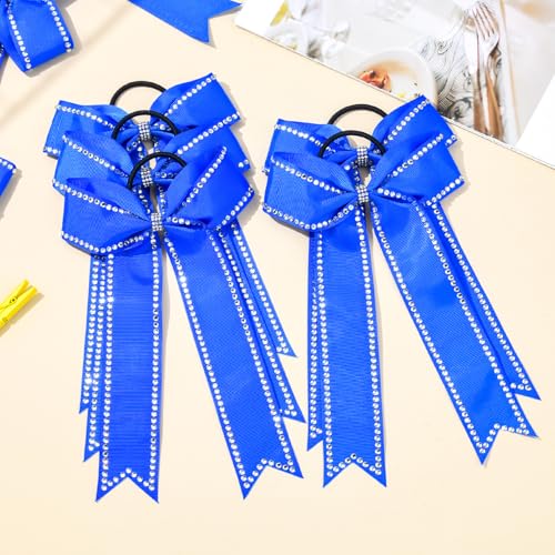 Royal Blue Cheer Bows 12 pcs Collegiate Style Rhinestone Ponytail Holders Girls Teens