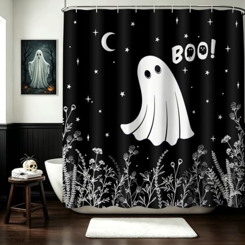 Mocsicka Halloween Ghost Shower Curtain with 12 Hooks - Spooky Bathroom Decor