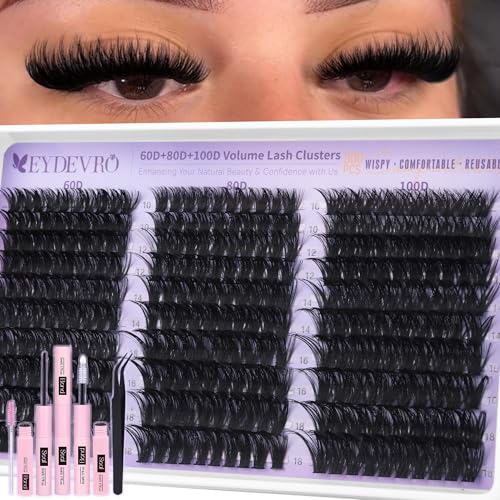 EYDEVRO Lash Clusters Kit 60D80D100D Volume Wispy Eyelash Extension Set with Bond & Tweezers