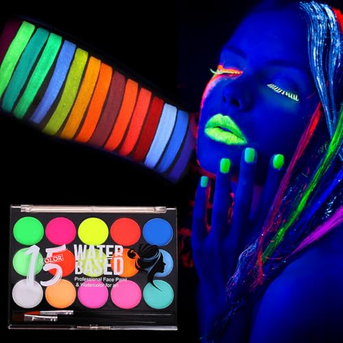 Glow UV Blacklight Face Paint Set - 15 Neon Colors for Parties