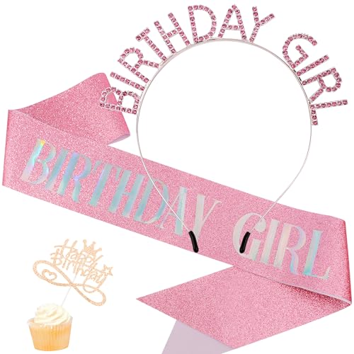 AOPRIE Gold Pink Birthday Girl Headbands Sash & Rhinestone Tiara Crown Set for Women Girls