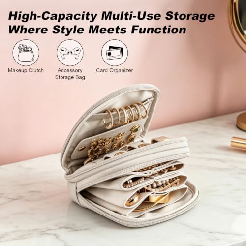 Travel Jewelry Case - 2-Layer Organizer for Rings, Earrings & Necklaces - Cream White