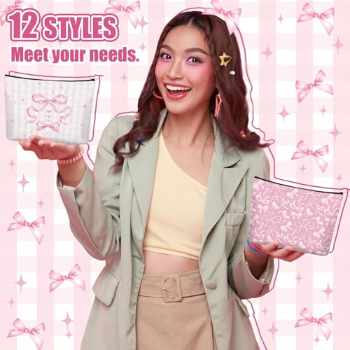 Reginary 12 Pcs Pink Bow Makeup Bags - Cosmetic Party Favors