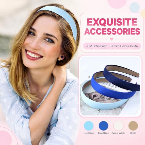 Lawie 16 Pack Multicolor Satin Plastic Headbands 2 cm Wide – Non-Slip, 5" Length (Multicolor B, Pack of 16)