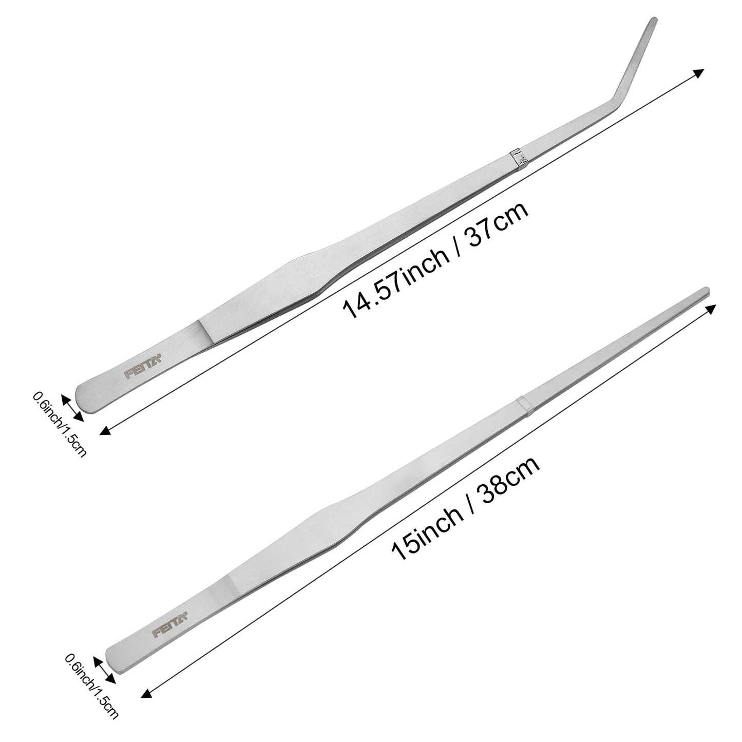 Aquarium Tweezers Extra Long 15 inches Feed Tong clamps - FEITA Straight and Curved Stainless Steel 38cm Tweezers Set for Fish Tank Plants Aquascape Tools & Reptile Feeding Tongs - Sliver 2Pcs