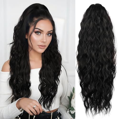 LEEONS 26 Inch Black Wavy Drawstring Ponytail Extension for Women