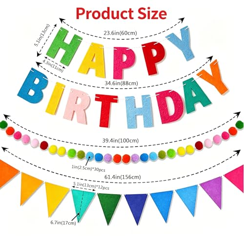 Happy Birthday Banner Set - Multicolor Felt Garland & Pom Poms