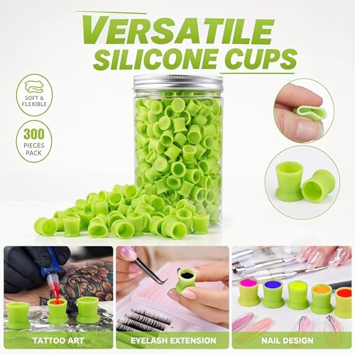 TNBUENO Green Disposable Silicone Tattoo Ink Cups 300-Pack for Permanent Makeup