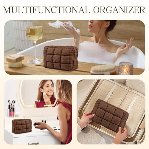 Coffee Puffy Quilted Makeup Bag - Water-Resistant Travel Organizer