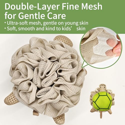 Dewlavelle Kids Bath Sponge - Soft Mesh Shower Pouf with Cute Turtle & Bunny - Gentle Kid-Friendly Bath Accessories