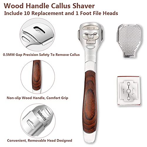 Colossal Foot Rasp & Wood Handle Callus Shaver (10 Replacement & 1 File Foot Heads), Pedicure Foot File Kit, Heel Scraper for Feet, Foot File Callus Remover
