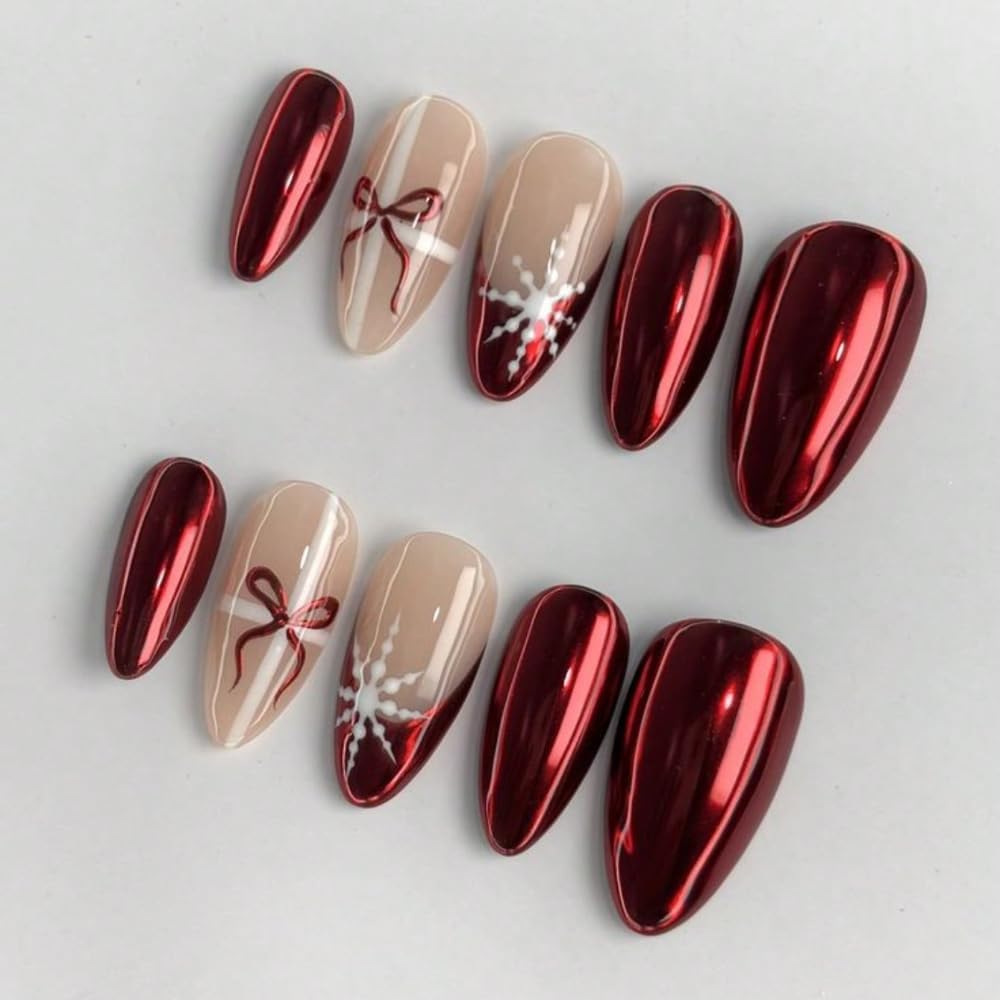 Press On Almond Nails - Handmade 3D Design, Thick Acrylic Gel | Reusable DIY Artificial Nails for Women (10 Pieces)