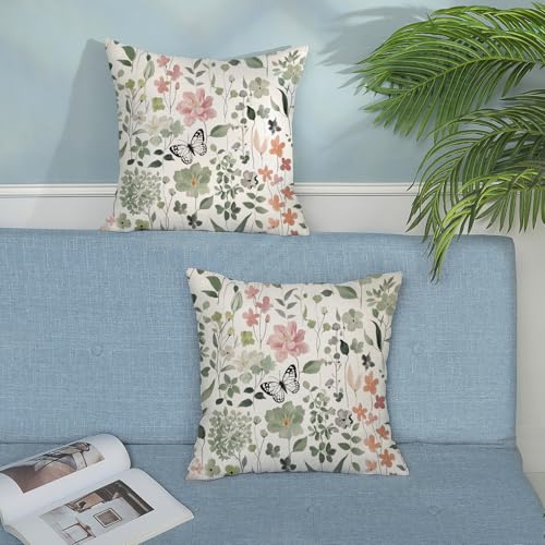 Spring Floral Pillow Covers 18x18 - Set of 2 Botanical Linen Cushions