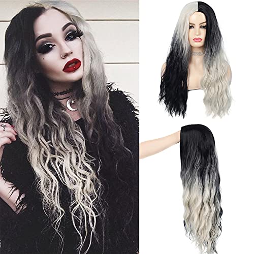 Swiking Half White Half Black Curly Wigs for Women - Long Wave Ombre Synthetic Hair, Party Cosplay