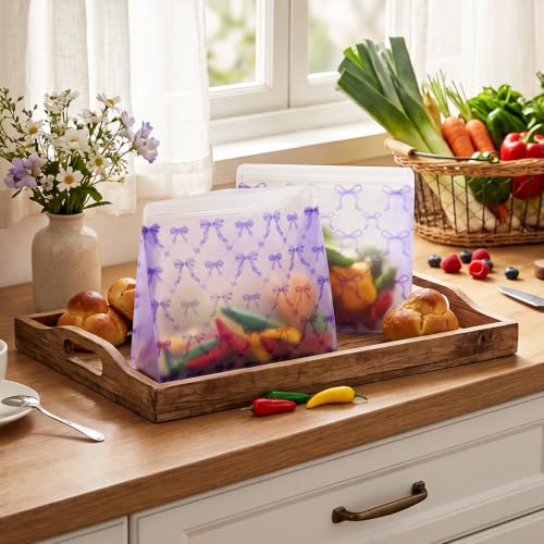Colarr Reusable Purple Bow Lunch Bags - 3 Pack Leakproof PEVA Storage