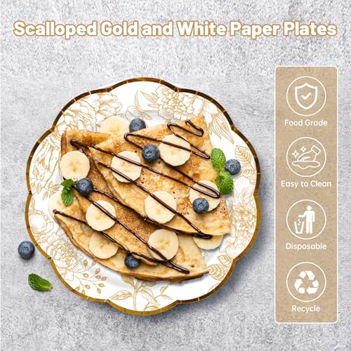 50 Pcs Gold Floral Paper Plates - 7 Inch Disposable Dessert Plates for Weddings & Parties