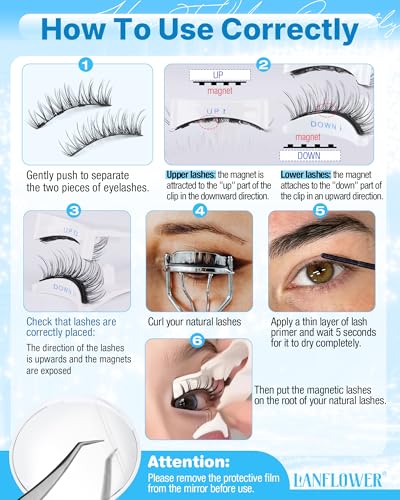 Lanflower D-Magnetic Eyelashes with Applicator & Primer, Natural Wispy Cat Eye Reusable Magnetic Lashes, No Glue Needed