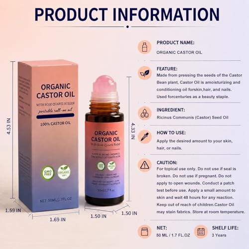 Organic Castor Oil Roll-On with Rose Quartz Roller - 100% Pure for Hair, Skin & Nails