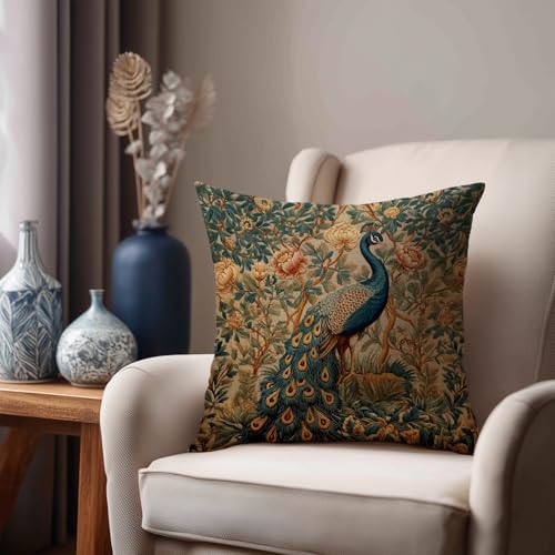 Vintage Peacock Floral Throw Pillow Cover - 18x18 Inch Flannel Cushion
