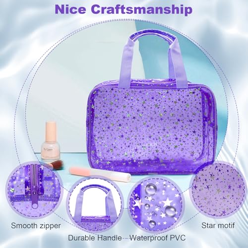 Large Clear Purple Star Makeup Bag - 12x5x8 inch Travel Organizer