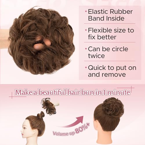 SEGO 25g Human Hair Messy Bun Hairpiece - Wavy Curly Updo in Medium Chocolate Brown