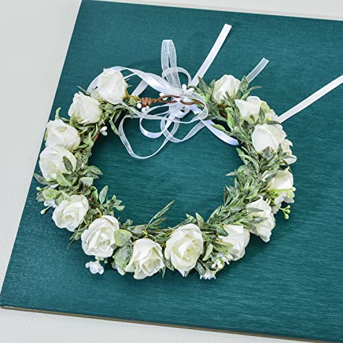 Boho Floral Crown Headband with Ribbon for Weddings & Festivals