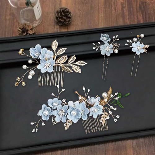 Gold & Blue Pearl Rhinestone Hair Comb for Brides & Bridesmaids