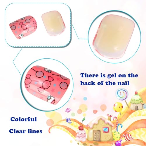 JANYUN 96 Pcs Kids Fake Nails - Short Acrylic Nail Art Set