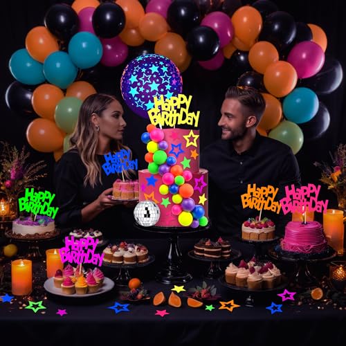 56 PCS Neon Glow Cake Topper Set - Happy Birthday & Star Toppers