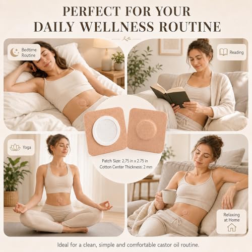 Autdor 50Pcs Castor Oil Patches, Disposable Castor Oil Pack Wrap with Organic Cotton Pad Self-Adhesive Belly Button Patch Cover Anti-Leakage No Wash Breathable Portable Pads for Stomach & Daily Use