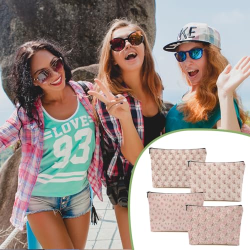 4pcs Vintage Rose Floral Makeup Bag - Linen Cosmetic Travel Pouch