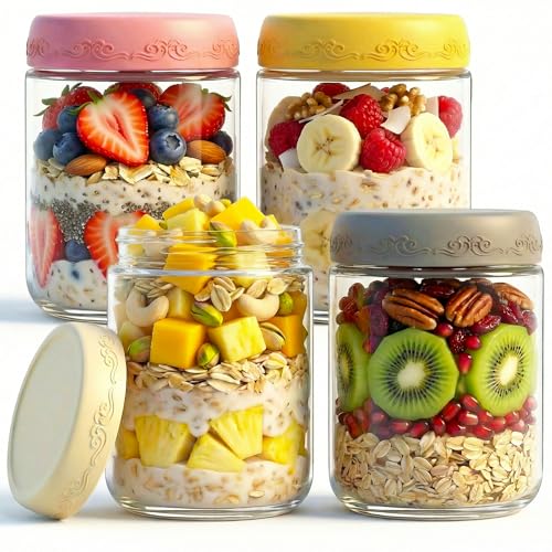 16 oz Glass Overnight Oats Containers with Airtight Lids - 4-Pack