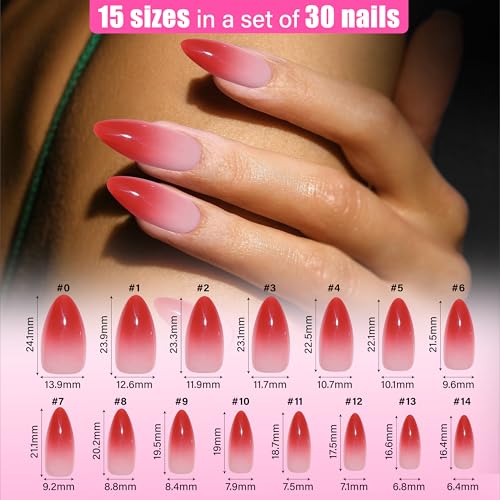 AJEAJE Red Ombre Press-On Nails 30 Pcs Full Cover with Glue Box Kit (Medium) – Easy Apply