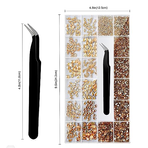 Molisaka Champagne Gold Nail Rhinestones Set 21 Grids Multi Shapes & Sizes for Nails