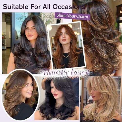 Black Layered Synthetic Wavy Curly Wig with Curtain Bangs for Women - 24 Inch, Cosplay & Daily Wear