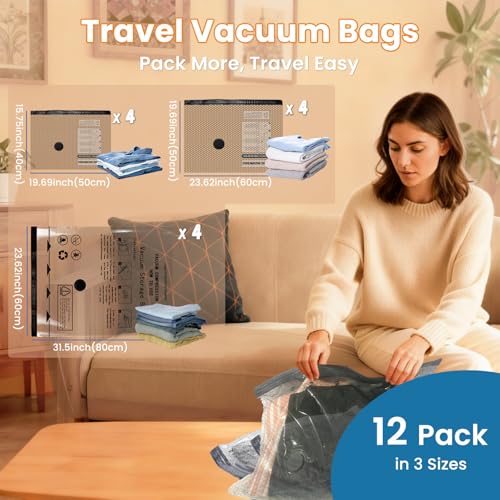Travel Vacuum Bags with Rechargeable Pump - 12 PCS Space Saver