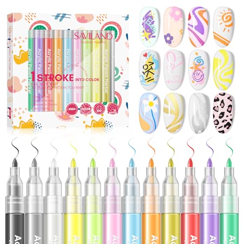 SAVILAND 12-Color Nail Art Pens Set - 0.7mm Fine Tip Acrylic Nail Polish Pens