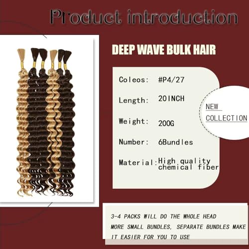 FYIMUYI Deep Wave Braiding Hair Bulk 6 Bundles 20 Inch Natural Black Curly Extensions
