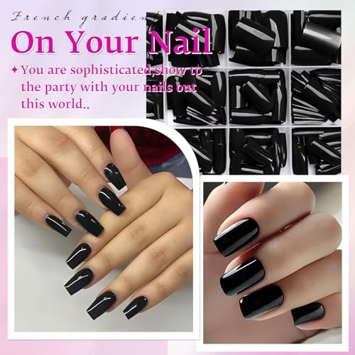 LoveOurHome Black Medium Square Press on Nails Kit with Glue Tabs - Full Cover Fake Nails