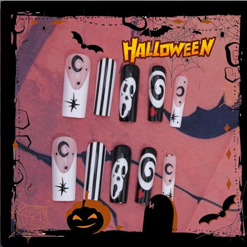 Halloween Nails Set - 24 Long Square Fake Nail Tips with Ghost & Moon Designs - Variation 5