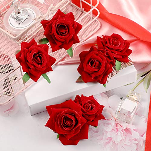 Red Rose Hair Clips Set - 6 Floral Hairpins for Women