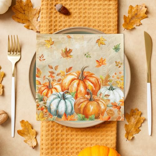 48-Pack Fall Napkins - Watercolor Pumpkin and Maple Design, 6.5x6.5in