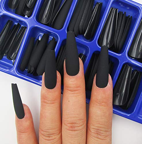 LoveOurHome 100pcs Matte Black Long Coffin Press-On Nails with Case