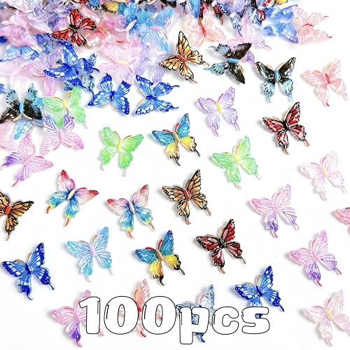 100 Pcs 3D Butterfly Nail Charms - Colorful Nail Art Gems